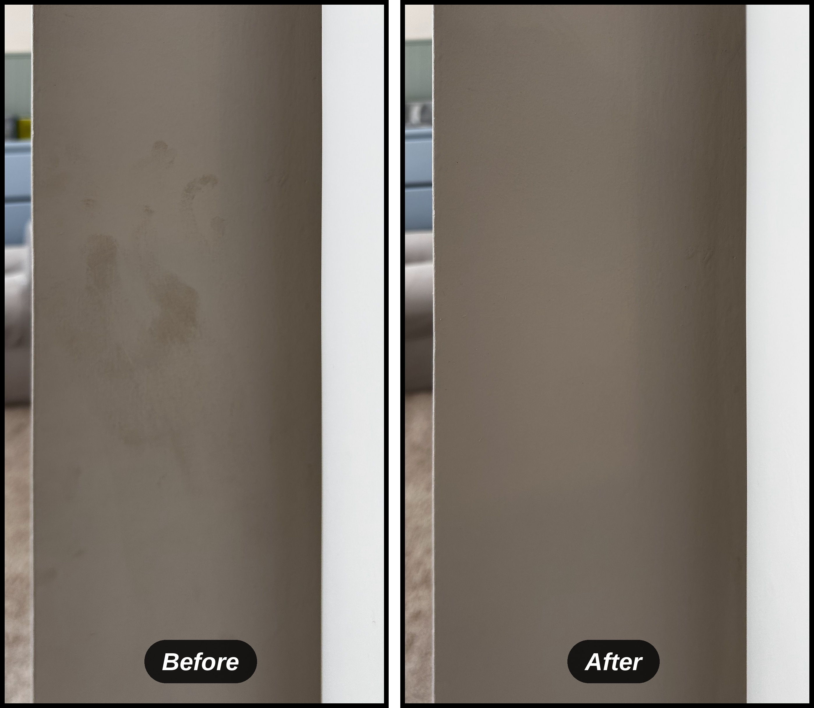 Before and after: handprints and smudges on a painted door frame, wiped completely clean